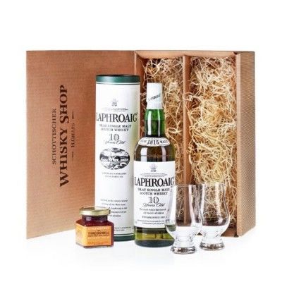 Laphroaig-10-Whisky-geniesser-set-Geschenkidee-mit-Nosing-Glaesern-und-Erdbeermarmelade