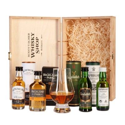 Whisky-Geschenkset-Highland-Park-Glenfiddich-Laphroaig-Bowmore-Glencairn-Whiskyglas
