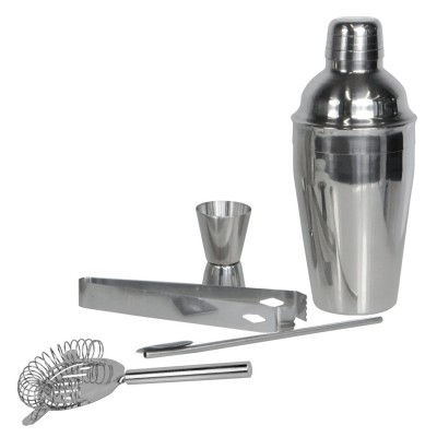 mumbi-Cocktail-MIXER-Bar-Set-gebuerstetes-Edelstahl-Design-5teilig-Shaker-Sieb-Messbecher-Loeffel-Zange