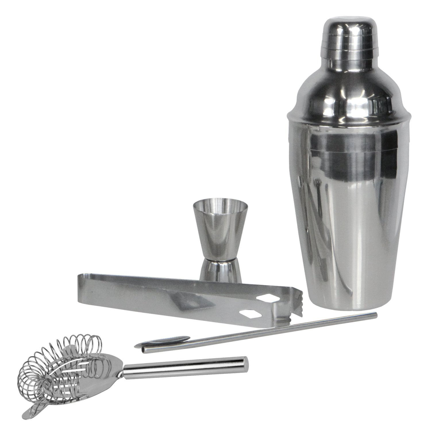 Edelstahl Cocktailset mit Ständer aus Bambus silber